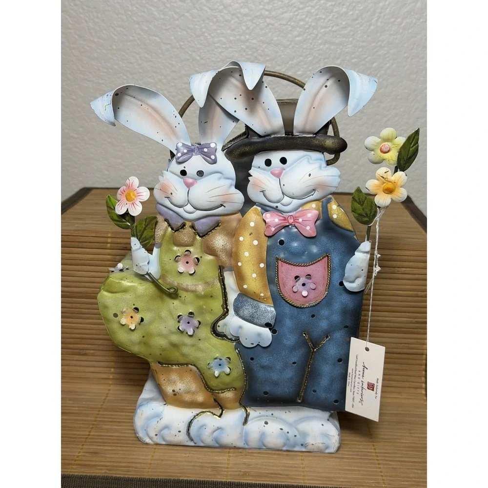 Vintage Home Interiors Metal Bunny Couple Easter Tea Light Luminary Lantern